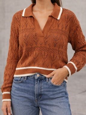 Universal Thread Rust Crochet Knit Collared Sweater Size S